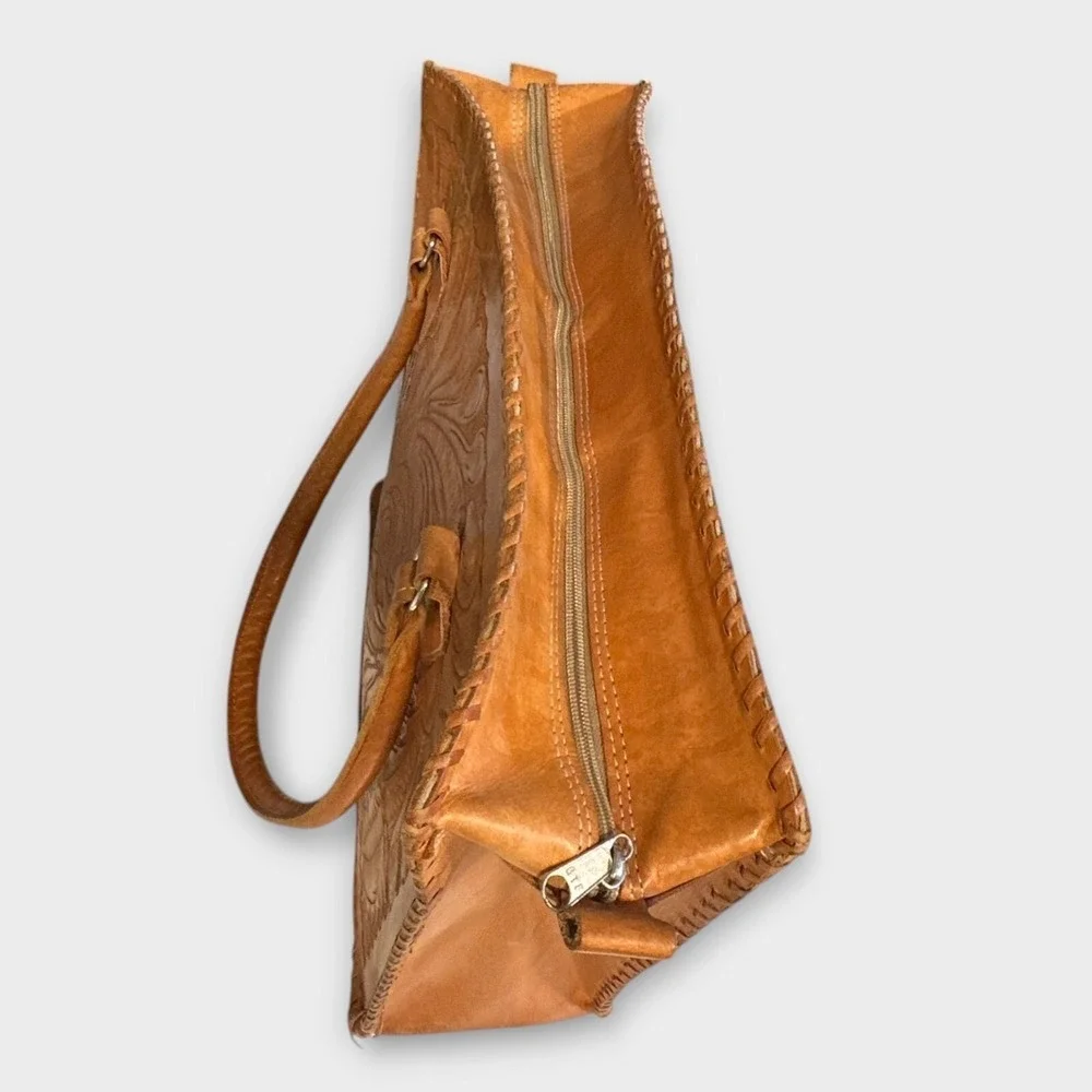Womens Leather Natural‎ Grain Tote Handbag Embossed Tooled Zip Top 16